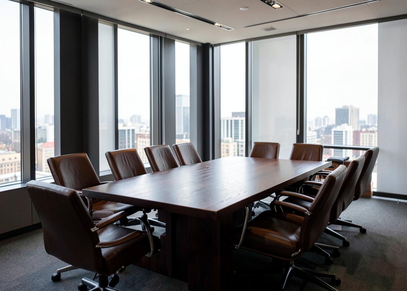 A quiet boardroom with a long dark timber table overlooking a city