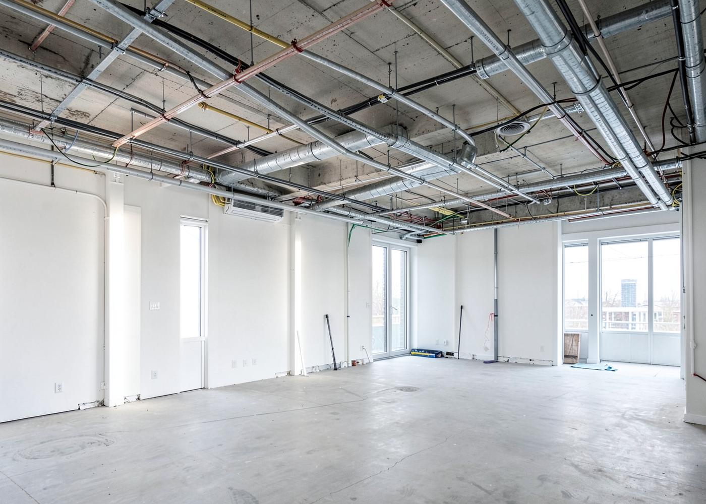 A commercial interior mid-fit-out with new ceiling services being installed