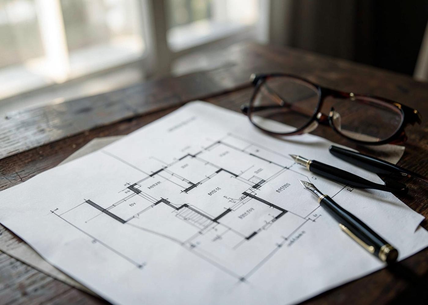 Architectural drawings on a desk beside a fountain pen and reading glasses