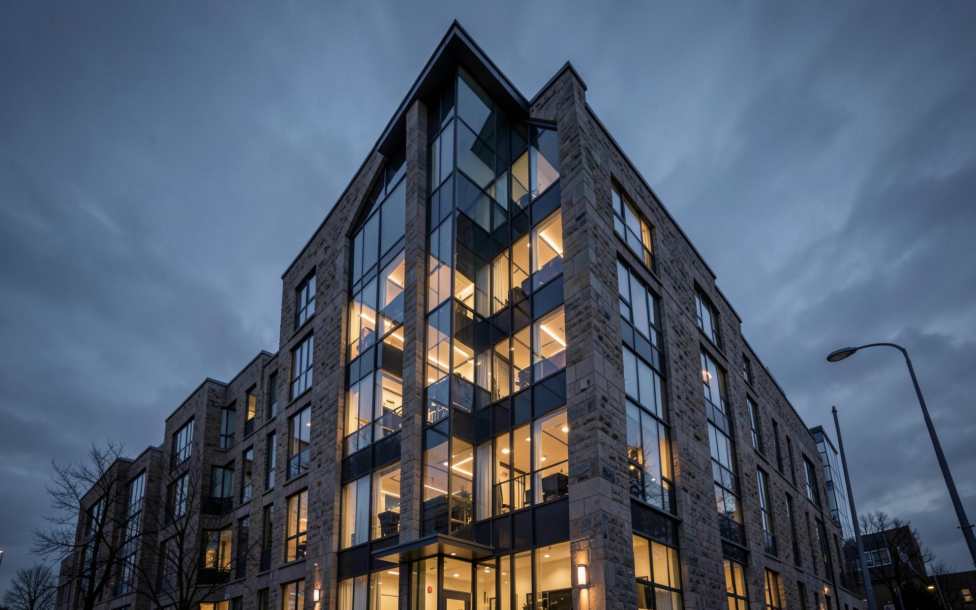 A contemporary stone and glass commercial building at dusk