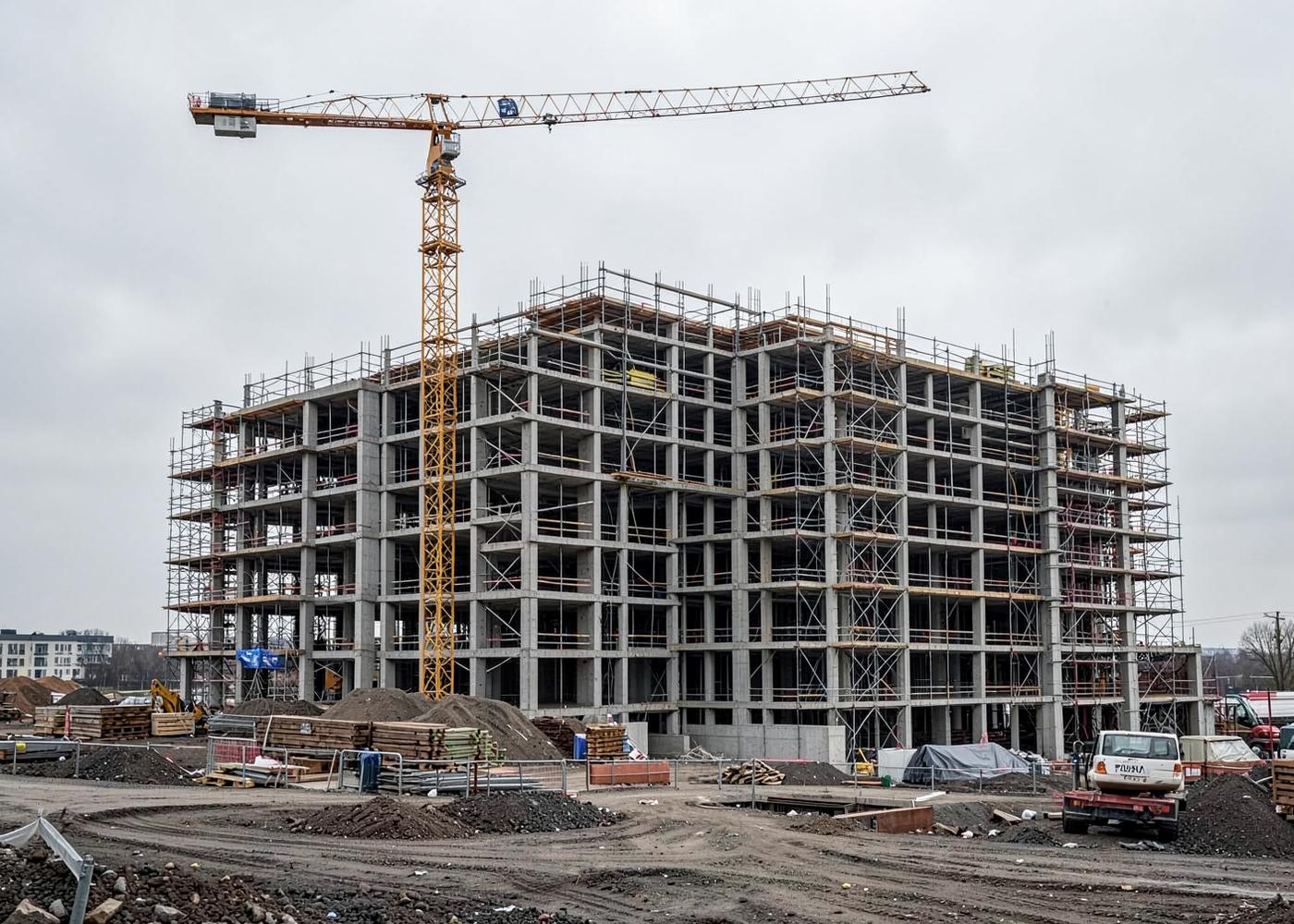 A concrete-framed building under construction with a tower crane against an overcast sky
