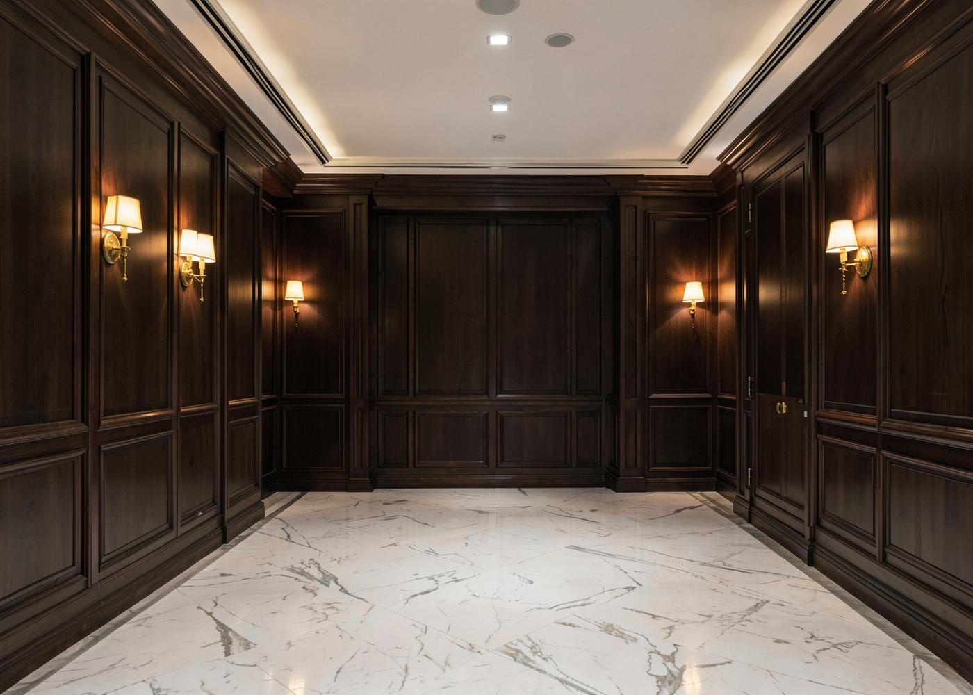 A refined hotel corridor with dark timber panelling, brass wall lights and a marble floor
