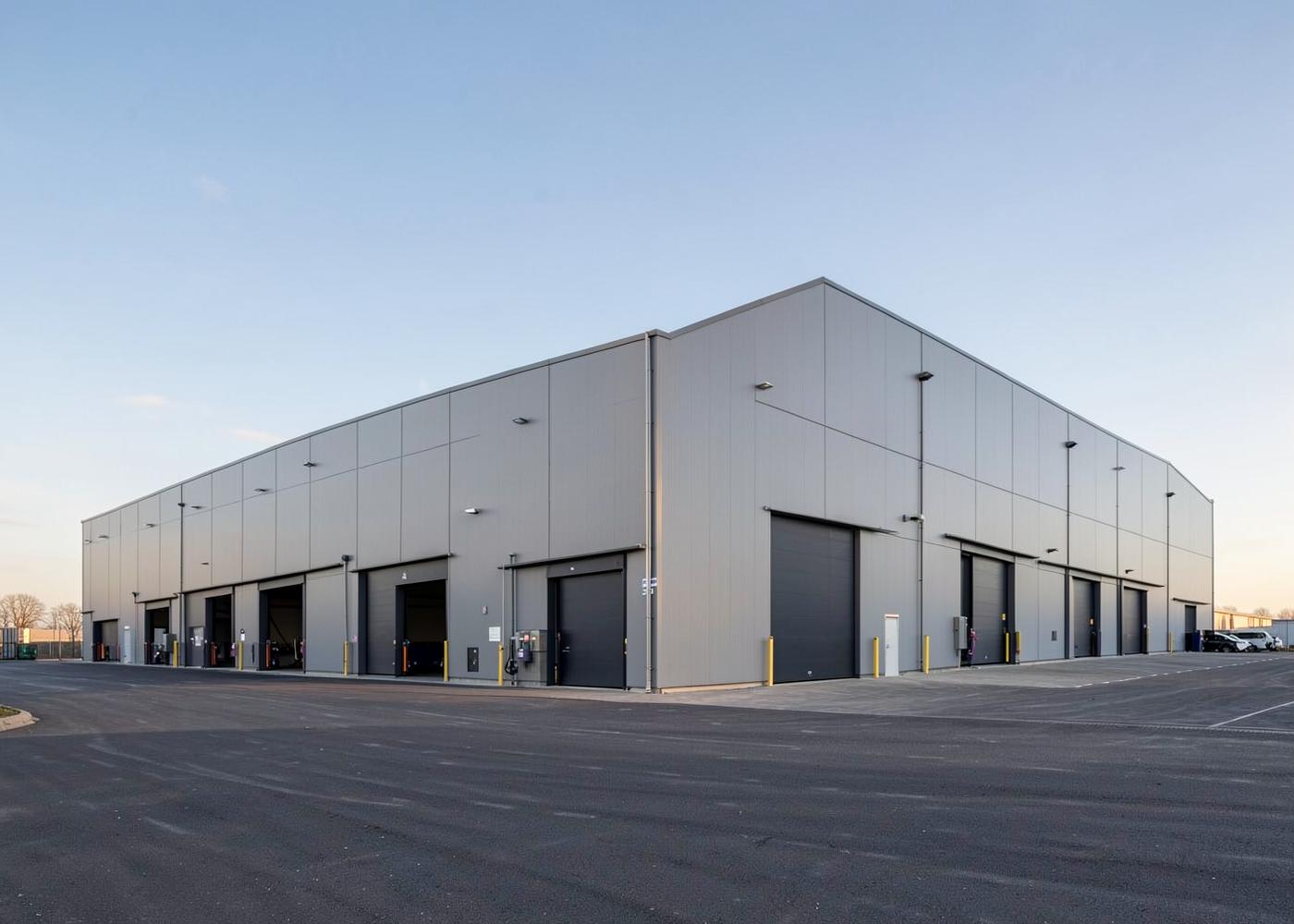 A modern grey industrial distribution unit with loading bays at dawn