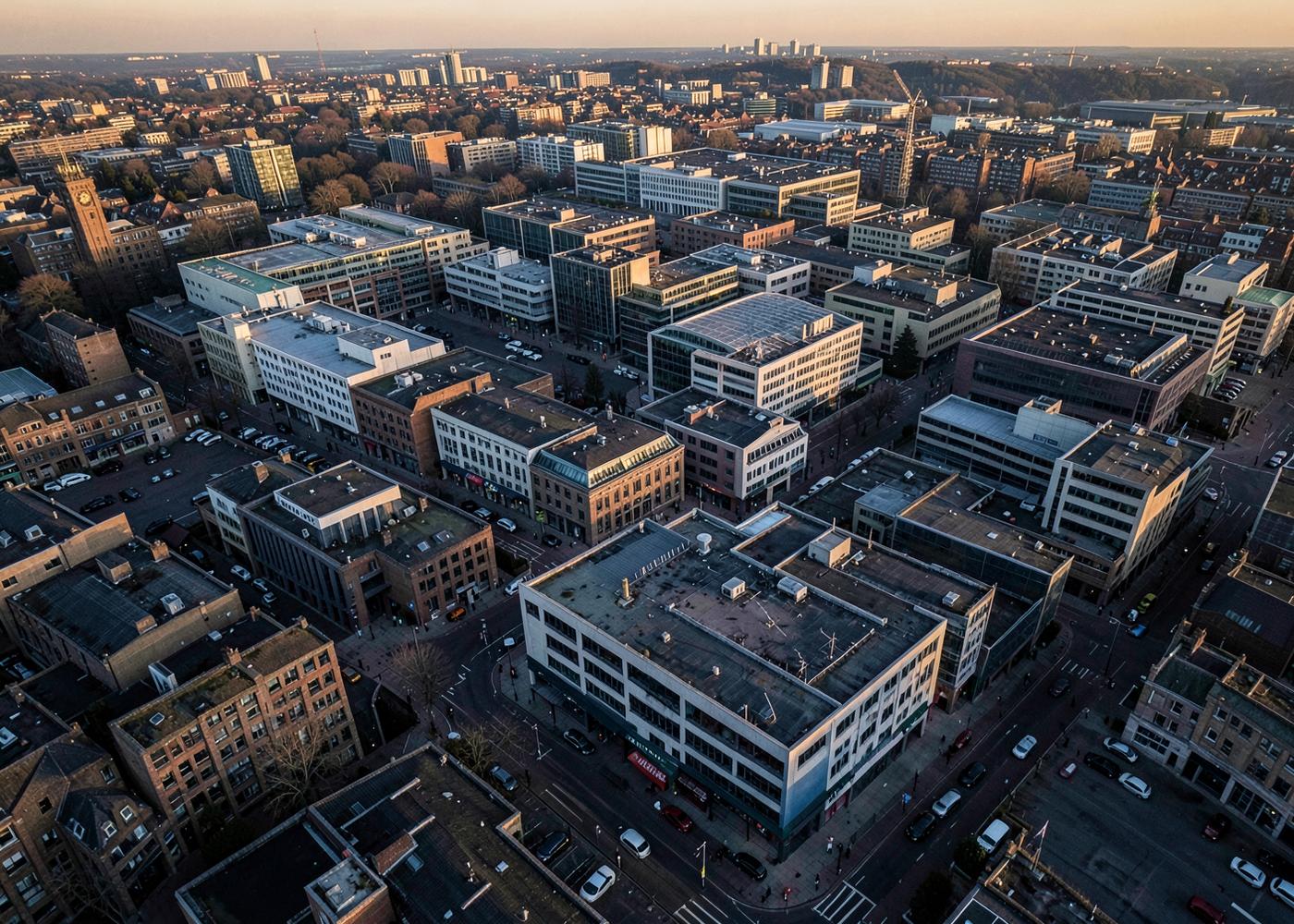 Aerial view of a city business district at golden hour with mixed commercial buildings
