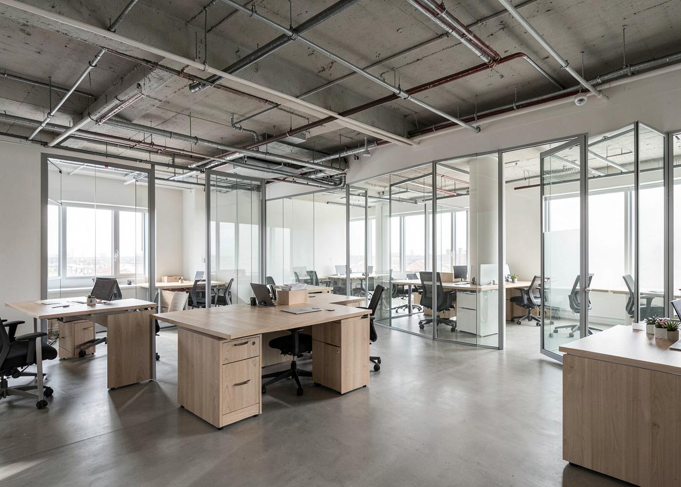 An open-plan office fit-out with exposed ceiling services and glazed meeting rooms
