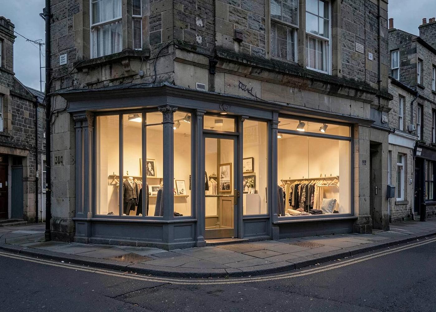 A corner retail unit with a stone facade and warmly lit shop windows at dusk